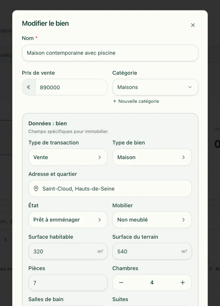Saisie d'un bien dans le tableau de bord Youpy